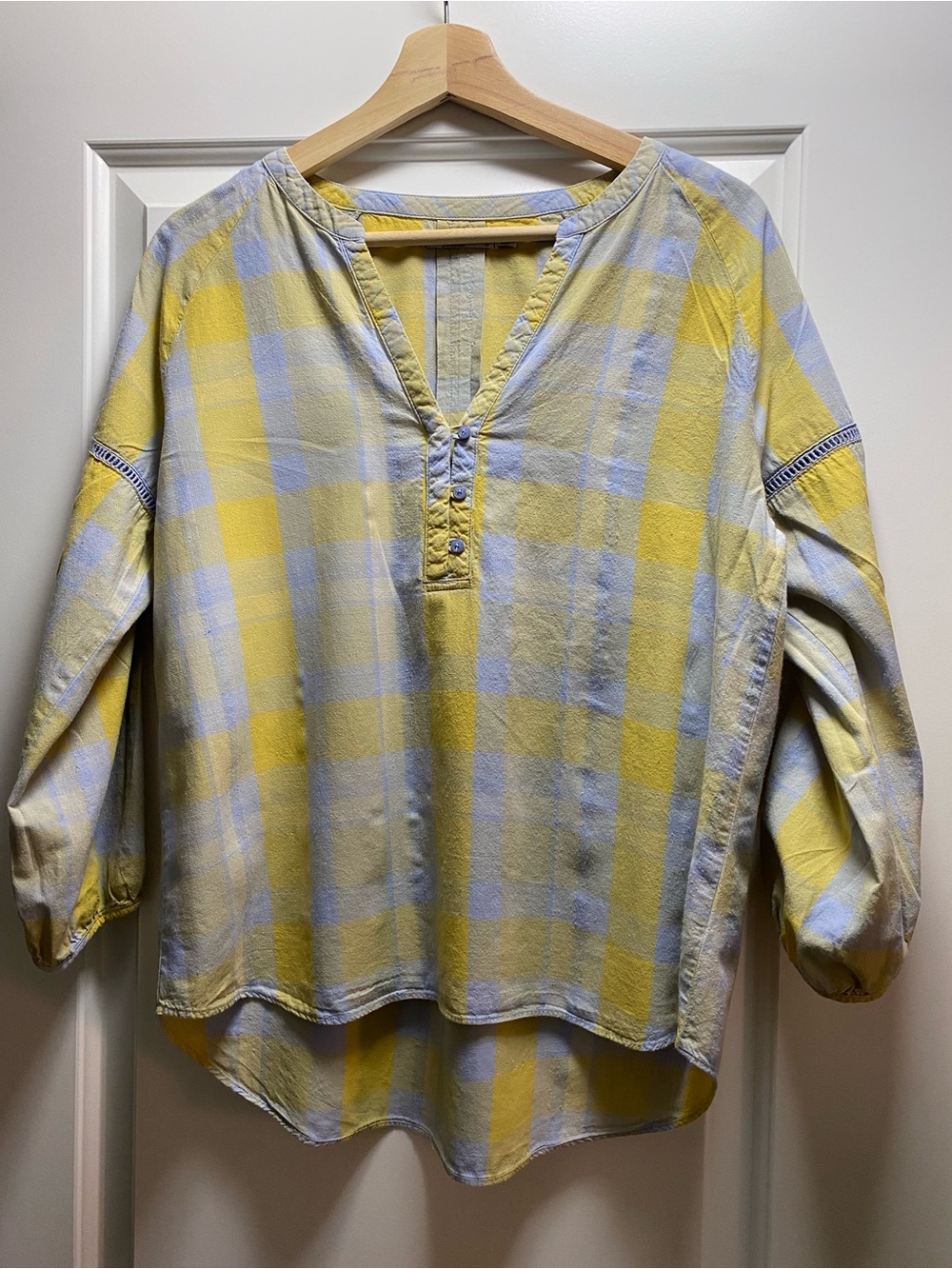 Prana Elena Popover Blue and Yellow Plaid Hi Lo Puff Sleeve Blouse S